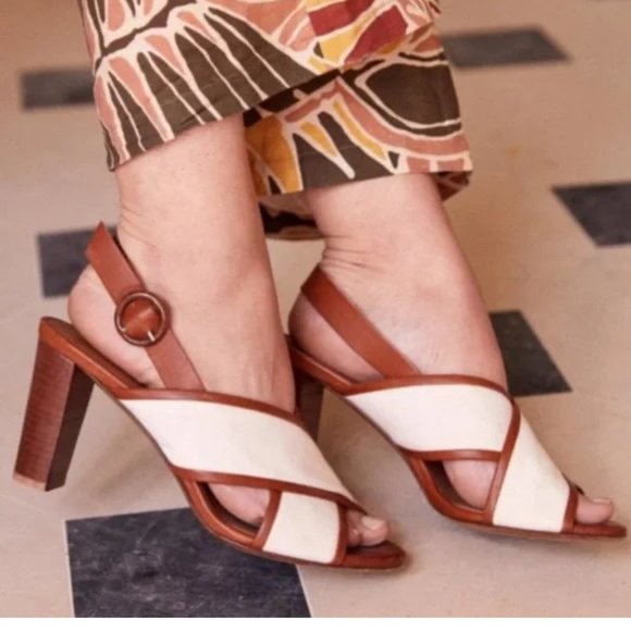 Sezane High Maud Sandals Linen Camel Block Heel Size 38 French or US 7 Cross - Picture 3 of 10